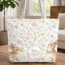 Personalized Wildflower Wreath Baby Bunnies Botanical - Everyday Carry Travel Market Gift Quilted Tote Bag