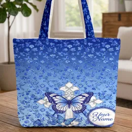 Blue Butterfly Floral Vines Cross Medallion Everyday Carry Gift Quilted Tote Bag