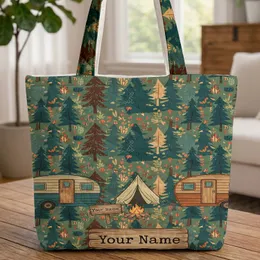 Retro Camping Caravans A-Frame Tent Campfire - Travel Essentials for Camping Lovers Quilted Tote Bag