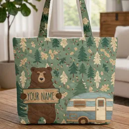 Brown Bear Vintage Camper Pine Tree Oak Leaf - Travel Essentials Gift for Camper Lover Quilted Tote Bag