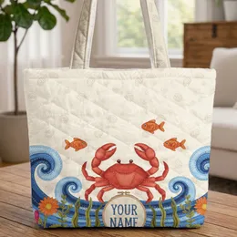 Red Crab Ocean Waves Seashell Personalized - Everyday Carry Gift for Beach Lovers Quilted Tote Bag