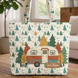 Vintage Travel Trailer Pine Trees Landscape - Everyday Carry Gift for Camper Lover Quilted Tote Bag