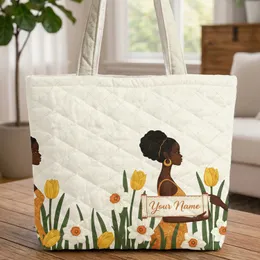 African Women Daffodil Tulip Garden Diamond Grid Personalized - Travel Essentials Gift Quilted Tote Bag