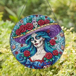 Calavera Woman Sombrero Red Roses Sugar Skull Drop Earrings - Home Decor Gift Stained Glass Suncatcher
