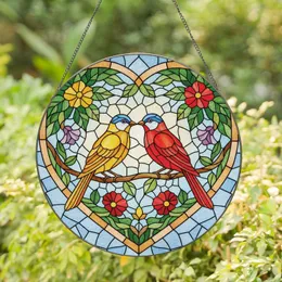 Two Birds Embrace Blooming Flowers Stained Glass - Home Decor Gift Stained Glass Suncatcher