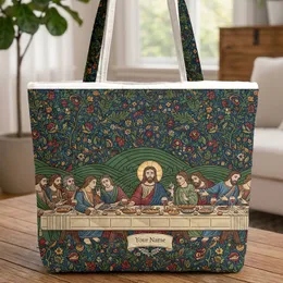 Jesus Christ Last Supper Biblical Figures Botanical Florals Everyday Carry Gift Quilted Tote Bag