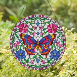 Butterfly Pink Blue Blossoms Green Leaves Diamond Glass Beads Jewel Tone Home Decor Gift Stained Glass Suncatcher