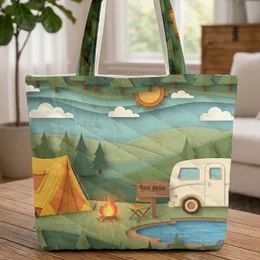 Rustic Camping Tent Campfire Camper Van Lake Scene - Everyday Carry Gift for Camping Lover Quilted Tote Bag
