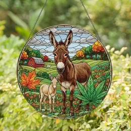 Majestic Brown Donkey Foal Cannabis Leaf Autumn Barn Landscape - Farmhouse Decor Gift Stained Glass Suncatcher