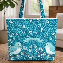 Two Light Blue Birds Blossoming Branches - Wildlife Lover Gift for Bird Lover Quilted Tote Bag
