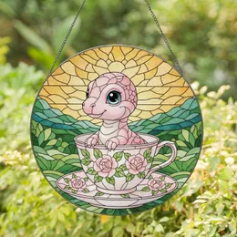 Baby Dinosaur Teacup Hillside Scene - Dinosaur Home Decor Gift Stained Glass Suncatcher