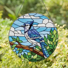 Stained Glass Blue Jay Tree Branch Green Leaves Sky Clouds - Home Decor Gift Stained Glass Suncatcher
