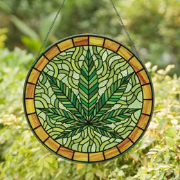 Nine-Lobed Cannabis Leaf Stained Glass Circular Frame Swirling Mosaic - Home Decor Gift Stained Glass Suncatcher