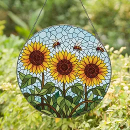 Tiffany Sunflowers Honeybees Floral Mosaic Sky Leaves - Home Decor Gift for Bee Lover Stained Glass Suncatcher