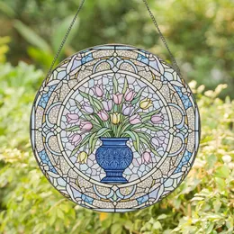 Ornate Blue Vase Tulips Iridescent Border Mosaic - Home Decor Gift Stained Glass Suncatcher