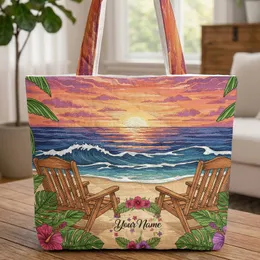 Tropical Sunset Beach Chairs Hibiscus Name Wreath - Vacation Travel Quilted Tote Bag