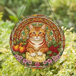 Tabby Cat Swiss Cheese Apples Berries Pink Flowers - Cat Lover Home Decor Gift Stained Glass Suncatcher