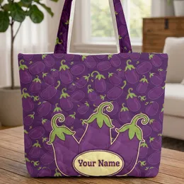 Personalized Cartoon Eggplant Vegetable Deep Purple Green Yellow Everyday Carry Gift Quilted Tote Bag