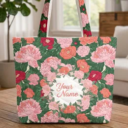 Lush Pink Peony Camellia Personalized Name Floral Wreath - Everyday Carry Gift Quilted Tote Bag