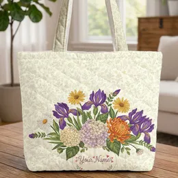 Ornate Botanical Bouquet Irises Daisies Hydrangeas Personalized Everyday Carry Gift Quilted Tote Bag