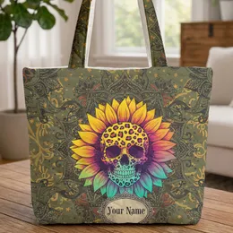 Skull Sunflower Mandala Personalized Leopard Print - Everyday Carry Gift for Boho Lover Quilted Tote Bag