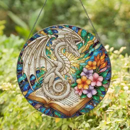 White Dragon Ancient Book Plumeria Celestial Sky - Fantasy Home Decor Gift Stained Glass Suncatcher