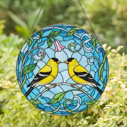 American Goldfinch Birds Pink Flower Green Leaves Botanical Mosaic - Wildlife Lover Gift Stained Glass Suncatcher