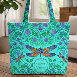 Ornate Dragonflies Floral Wreath Personalized Name Everyday Carry Gift Quilted Tote Bag