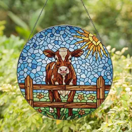 Brown Calf Heart Sun Picket Fence Farmhouse Decor Gift for Cow Lover Stained Glass Suncatcher