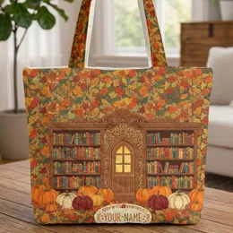 Storybook Library Facade Autumn Pumpkins - Fall Season Everyday Carry Quilted Tote Bag