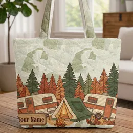 Vintage Travel Trailers Camping Scene with Your Name Wooden Sign - Travel Essentials Gift Quilted Tote Bag