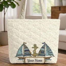 Sailboats Golden Anchor Seashells Starfish - Personalized Vintage Plaque Everyday Carry Quilted Tote Bag