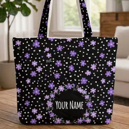 Purple Flowers Lilac Hearts Name Floral Wreath Black Background - Everyday Carry Gift Quilted Tote Bag