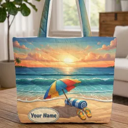 Personalized Tropical Beach Sunset Umbrella Flip Flops - Travel Essentials Quilted Tote Bag
