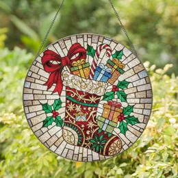 Christmas Stocking Red Bow Candy Cane Holly Gift Box - Christmas Home Decor Gift Stained Glass Suncatcher
