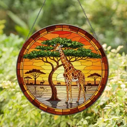 Giraffe Acacia Tree African Savanna Sunset - Wildlife Lover Home Decor Gift Stained Glass Suncatcher