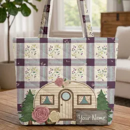 Camper Trailer Pine Trees Floral Plaid Leaves Berries Wooden Sign - Travel Essentials Quilted Tote Bag