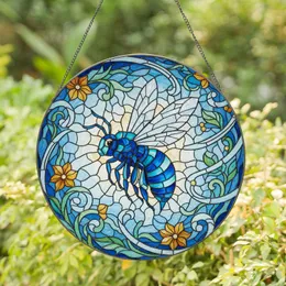 Blue Teal Bee Floral Sky Botanical - Home Decor Gift for Bee Lover Stained Glass Suncatcher