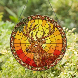 Stag Head Antlers Pine Needles Stained Glass Sunset - Wildlife Lover Home Decor Gift Stained Glass Suncatcher