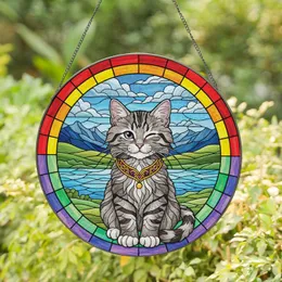 Winking Gray Tabby Kitten Rainbow Frame Stained Glass - Cat Lover Home Decor Gift Stained Glass Suncatcher