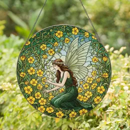 Graceful Kneeling Fairy Butterfly Wings Yellow Flowers - Fantasy Home Decor Gift Stained Glass Suncatcher