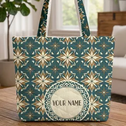 Teal Brown Cream Star Diamond Triangle Everyday Carry Gift Quilted Tote Bag