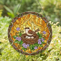 Brown Bird Nest Speckled Eggs Lavender Flowers - Home Decor Gift for Bird Lover Stained Glass Suncatcher