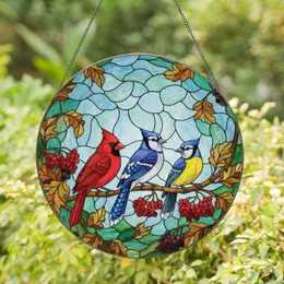 Cardinal Blue Jay Yellow Bird Autumn Berries - Home Decor Gift for Bird Lover Stained Glass Suncatcher