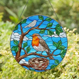 Robin Bird Nest with Eggs Tree Branch Sky Clouds - Wildlife Lover Home Decor Gift Stained Glass Suncatcher