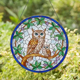 Wise Adult Owl Owlets Blue Eyes Branch Leaves - Wildlife Lover Gift Stained Glass Suncatcher