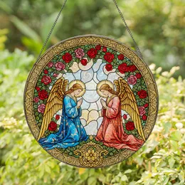 Kneeling Angelic Figures Golden Floral Rose Ornament - Home Decor Gift Stained Glass Suncatcher