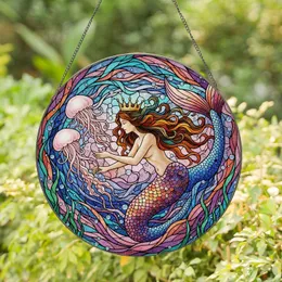 Mermaid Jellyfish Aquatic Scene Home Decor Gift for Ocean Lover Stained Glass Suncatcher