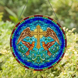 Golden Cross Angelic Wings Stylized Birds Green Leaves Rainbow Mosaic Home Decor Gift Stained Glass Suncatcher