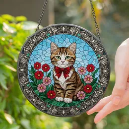 Fluffy Tabby Kitten Red Bow Tie Green Eyes Flowers - Home Decor Gift for Cat Lover Stained Glass Suncatcher